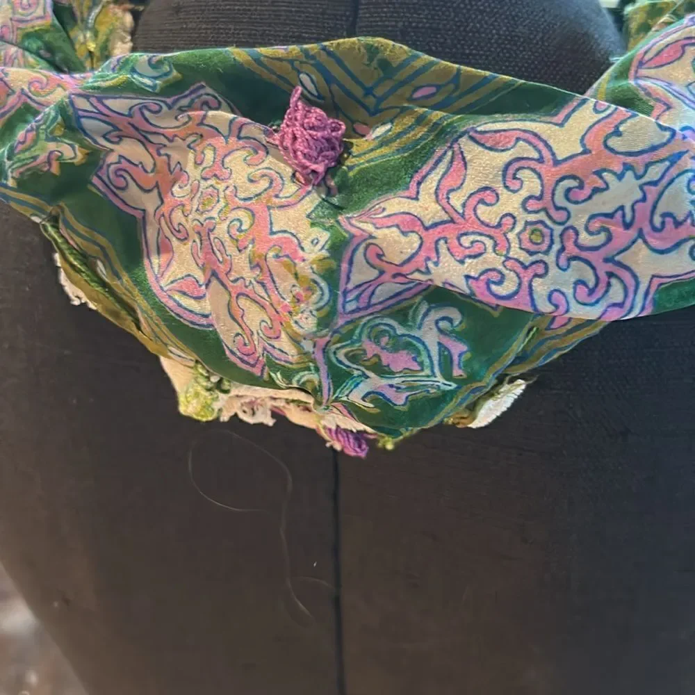 Hand Crafted head scarf hat band antique silk lace embroidered Multi floral